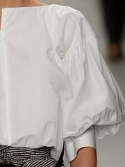 Loose Puff Sleeves Solid Color Boat Neck Blouses&Shirts Tops