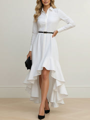 Buttoned No Belt Ruffled Solid Color High Waisted High-Low Lapel Maxi Dresses