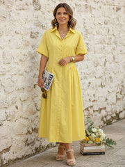 Loose Short Sleeves Buttoned Pleated Solid Color Lapel Collar Midi Dresses Shirt Dress