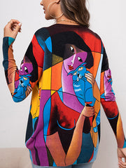 Animal Printed Figure Long Sleeves Loose Round-Neck Sweater Tops Pullovers Knitwear