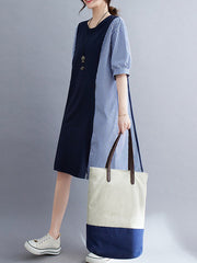 Split-Joint Striped Loose Short Sleeves Round-neck Midi Dresses