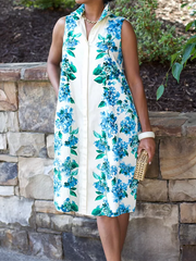 Buttoned Flower Print Loose Sleeveless Lapel Midi Dresses