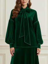 Long Sleeves Puff Sleeves Bow-Embellished Pleated Solid Color Split-Joint Tied Half Turtleneck Blouses&Shirts Tops