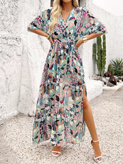 Flower Print Split-Side Tied Waist Half Sleeves Loose V-Neck Maxi Dresses