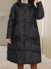 Pockets Solid Color Split-Joint Long Sleeves Loose Hooded Down Coat