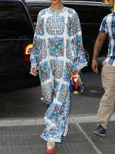 Hollow Printed Split-Side Long Sleeves Loose Round-Neck Maxi Dresses