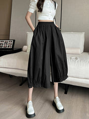 Elasticity Solid Color Split-Joint High Waisted Loose Trousers Pants Ninth Pants Knickerbockers