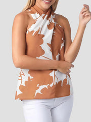 Halter-Neck Loose Backless Flower Print Tied Vest Top + Elasticity Pockets High Waisted Shorts Bottom Two Pieces Set