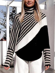 Trendy Batwing Sleeves Long Sleeves Striped High-Neck Sweater Tops