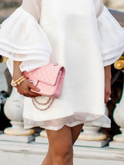 Falbala See-Through Solid Color Split-Joint Long Sleeves Loose Round-Neck Mini Dresses