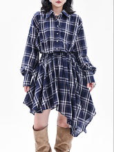 Elasticity Plaid High-Low Irregularity Lapel Collar Midi Dresses
