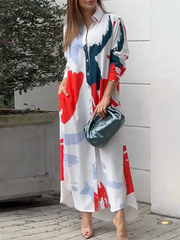 Printed Long Sleeves Loose Lapel Collar Maxi Dresses