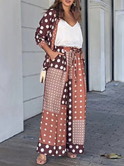 Long Sleeves Buttoned High-Low Polka-Dot Lapel Shirts Top + Drawstring Elasticity Pants Bottom Two Pieces Set
