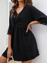 Hollow Solid Color Tasseled Half Sleeves Loose V-Neck Mini Dresses Cover-Up