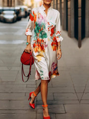 Buttoned Contrast Color Flower Print Long Sleeves Loose Stand Collar Shirt Dress Midi Dresses