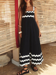 A-line High Waisted Contrast Color Zipper Square-neck Maxi Dresses Midi Dresses