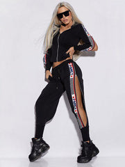 Letter Print Split-Side Zipper Long Sleeves Hooded Jackets+Pants Two Pieces Set