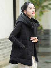 Simple Sleeveless Loose Keep Warm Cotton Quilted Solid Color Hooded Vest Outerwear