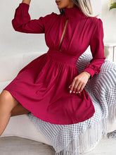 Hollow Solid Color Zipper A-Line Elasticated Waist Half Turtleneck Mini Dresses