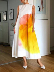 Flower Print Pockets A-line Loose Round-neck Midi Dresses