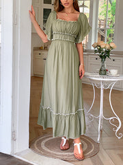 Pleated Ruffle Trim Split-Joint Zipper A-Line High Waisted Square-Neck Midi Dresses