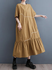 Pleated Split-Joint Loose Short Sleeves Round-Neck Midi Dresses
