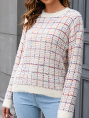 Plaid Split-Joint Long Sleeves Loose Round-Neck Sweater Tops Pullovers