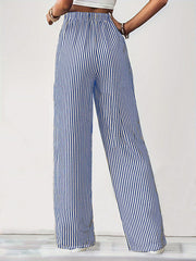 Drawstring Elasticity Pockets Split-Joint Striped Loose Trousers Pants