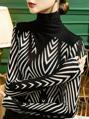 See-Through Split-Joint Long Sleeves Plus Size High Neck T-Shirts