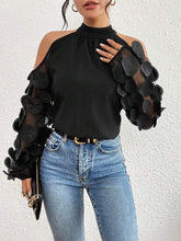 See-Through Solid Color Split-Joint Loose Puff Sleeves Cold shoulder Blouses