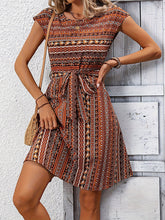 Contrast Color Tied Waist A-Line Loose Round-Neck Mini Dresses