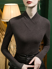 Solid Color Split-Joint Long Sleeves Plus Size V-Neck T-Shirts