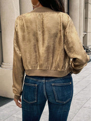 Shiny Split-Joint Zipper Long Sleeves Loose Round-Neck Outerwear