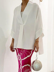 Loose Wrap Contrast Color Flower Print V-Neck Blouses&Shirts Tops&Skirts Suits