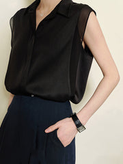 Buttoned Solid Color Split-Joint Loose Sleeveless Lapel Blouses&Shirts Tops