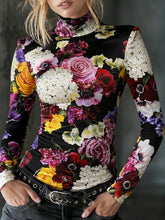 Long Sleeves Skinny Contrast Color Flower Print High Neck T-Shirts Tops