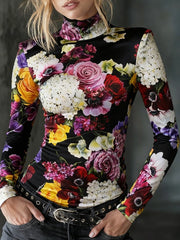Long Sleeves Skinny Contrast Color Flower Print High Neck T-Shirts Tops