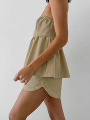 Split-Joint Tube Loose Elasticity Solid Color Vest Top + High Waisted Shorts Bottom Two Pieces Set