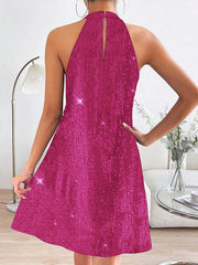 Hollow Sequined Solid Color A-Line Loose Halter-Neck Mini Dresses