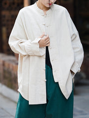 Chinese Frog Buttons Pleated Solid Color Split-Joint Batwing Sleeves Loose Stand Collar Blouses