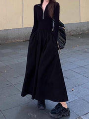 Pleated Solid Color Split-Joint Zipper High Waisted Long Sleeves V-Neck Midi Dresses