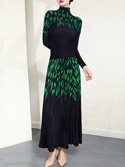 Printed Long Sleeves Mock Neck T-Shirt Top + Pleated A-Line Skirts Bottom Two Pieces Set