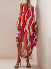 Irregular Clipping Printed Split-Front Halter-Neck Maxi Dresses