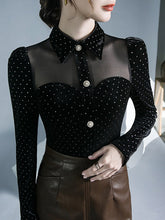 Buttoned Polka Dot Split-Joint Long Sleeves Skinny Lapel T-Shirts Tops