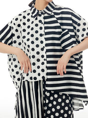 Polka-Dot Split-Joint Striped Irregular clipping Loose Lapel Shirts Tops