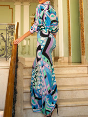 Printed Buttoned Lapel Blouses&Shirts Tops + Bodycon High Waisted Skirts Bottom Two Pieces Set