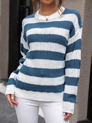 Contrast Color Striped Long Sleeves Loose Round-Neck Sweater Tops Pullovers