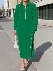 Long Sleeves Asymmetric Split-Joint Split-Side Zipper Lapel Maxi Dresses