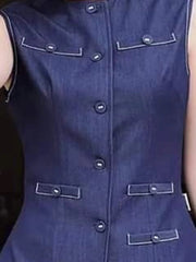 Buttoned Pockets Solid Color Loose Sleeveless Round-Neck Vest Top