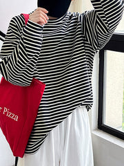 Contrast Color Striped Long Sleeves Loose Round-neck Sweatshirt Tops
